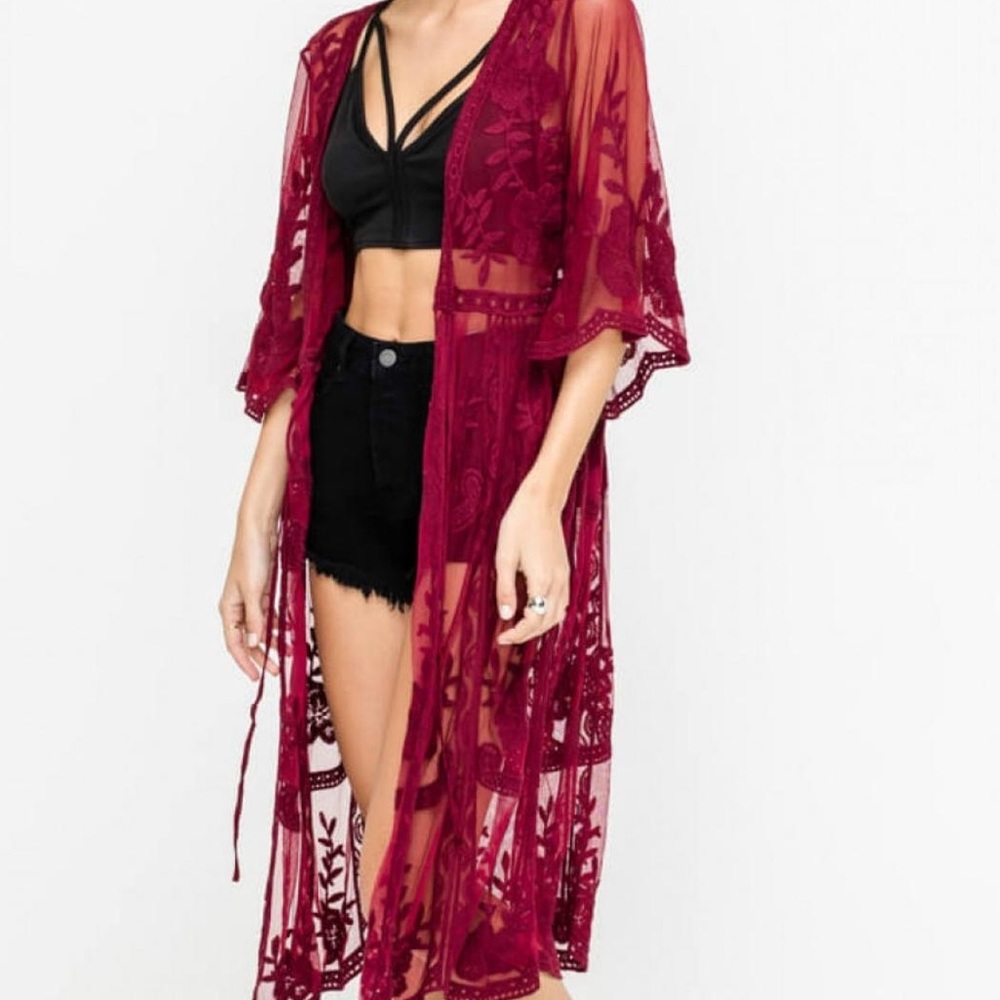 Burgundy lace embroidered duster kimono - Picture 5 of 6